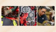 Collage of three photos of Cummins employees at work on machines