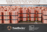 Photo of copper rod spools and list of Southwire sites that have been awarded The Copper Mark