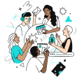 Illustration of five people in a circle using various forms of technology.