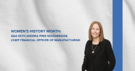 White fabric background with a blue strip, featuring Andrea Pirie Woodbridge and the article title