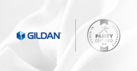 Gildan logo and Women in Governance Silver Level Parity Certified Logo against a white fabric backdrop