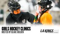 Graphic image of LA Kings scout, Blake Bolden, talking to a young girl hockey player in a yellow jersey. 