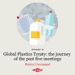 Illustration of plastic bottles above text "Episode 18. Global Plastics Treaty: the journey of the past five meetings. Plastics Unwrapped"
