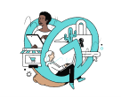 GoDaddy illustrated logo with two people working on laptops.