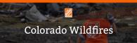The Home Depot Foundation logo. "Colorado Wildfires", Female home depot volunteer carrying a piece of wood.