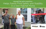 two photos of a family outside their new home