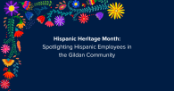 "Hispanic Heritage Month: Spotlighting Hispanic Employees in the Gildan Community" text written on a black background, framed with colourful flower and leaf details
