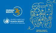 On a blue background "Human Rights 75" and outline sketches on different faces. 