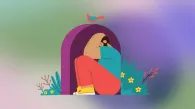 Illustration of a man in the fetal position with his hands above his head.