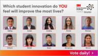"Which student innovation do YOU feel will improve the most lives?" with headshots of students