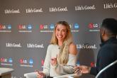 WNBA player Lexie Hull answers questions about maintaining good mental health during a discussion hosted by LG Electronics and the National Alliance on Mental Illness (NAMI) on Friday, April 3, 2026, in Indianapolis, Indiana.