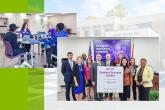 collage of two photos. Students with open laptops at a desk sitting across from each other. On the right a group of people standing behind a sign "Student Success Center".