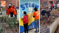 The Home Depot volunteers shown doing repairs to a home, painting and gardening.