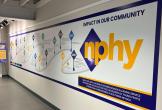 An informative mural on a long wall in a hallway "Impact in our community." NPHY logo.