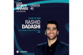 Graphic announcing Rashid Dadashi, Vice President of Global Partnerships at AEG, as a member of the Leaders Sports Awards Under 40 Class of 2026. Features a professional headshot against a dark blue background with award branding.