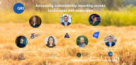 Profiles of different individuals and their respective company logos. "Advancing sustainability reporting across landscapes and seascapes."