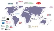 World map with SSCI member company logos 