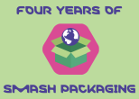 Purple letters that read, "Four years of smash packaging" border a hexagon that highlights a box and various graphics such as scissors and a globe. 