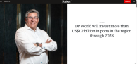 Screenshot of a Forbes Ecuador article header showing DP World executive Carlos Merino standing with arms crossed beside the headline announcing more than US$1.2 billion in planned port investments through 2028.