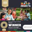 Two people picking groceries and a group of people eating while sitting in grass; text says "Gold Halo, The Halo Awards '25, Best Technology for Good Initaitive Winner Albertsons' Nourishing Neighbors SummerEBT.org presented by: adyen"