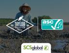 Aquaculture farm in background with SCS, ASC, and Taylor Farms logos