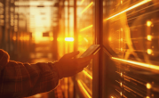 Hand holding a smartphone in a server room.