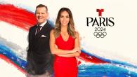 Two people posed "Paris 2024" on the side and red, blue, and grey streaks behind them.