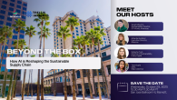 Event graphic for DP World’s Trellis Impact 25 session ‘Beyond the Box: How AI is Reshaping the Sustainable Supply Chain.’ Features hosts Sarah Mourino, Miranda Gardiner, Natasha Tuck, and Tara Gupta. Event date: October 29, 3025, 10:30–11:30 AM PT at the San Jose Marriott