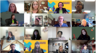 A 16-grid virtual meeting shows attendees in individual video tiles. 