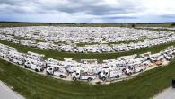 Wide angle view of Duke Energy vehicles