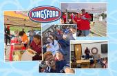 Collage of volunteers cooking and people getting food. Kingsford logo on top.
