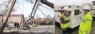 two images, left two people walking arms around each other through debris, fallen power lines. Right  two workers stand beside a generator