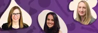 Three separate headshots on a purple background 