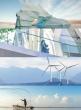 Collage of images of an iceberg, person walking across a skywalk, wind turbines in a foggy sky, and a person fishing from a small boat.
