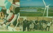 Collage of people building a wood frame, a wide view of a wind turbine and surrounding area, and a group posed around two drums.