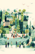 Digitized town landscape with people, park settings, trees, buildings.