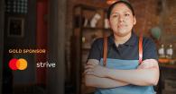 A person in an apron with crossed arms. "Gold sponsor" and mastercard logo on the left