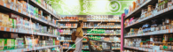 a person pushing a grocery cart in a store, aisles filled with food