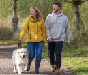 Family out walking dog