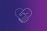 line drawing of two holding hands merged to look like a heart on a blue to purple background.