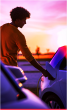 A person holding a plug to an electric vehicle port. A setting sun in the distance.