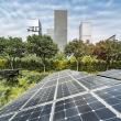 Solar farm with trees and buildings in the distance 