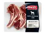 Photo of fresh lamb cutlets packaged for retail sale. 