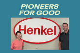 Pioneers for good: two people standing beside the Henkel logo