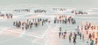 Digital rendering of an open area with small groups of people and white digital lines connecting them