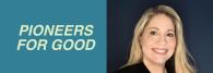 Kate Calero and "Pioneers For Good" to the left.