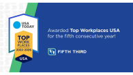 USA TODAY TOP WORKPLACES 2022-2026 USA logo: "Awarded Top Workplaces USA for the fifth consecutive year!" Fifth Third
