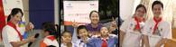 A series of 3 photos showing happy adult volunteers and kids