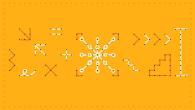 On an orange background, abstract symbols with dots and lines.