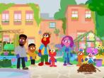 A scene of cartoon Sesame Street characters in a neighborhood